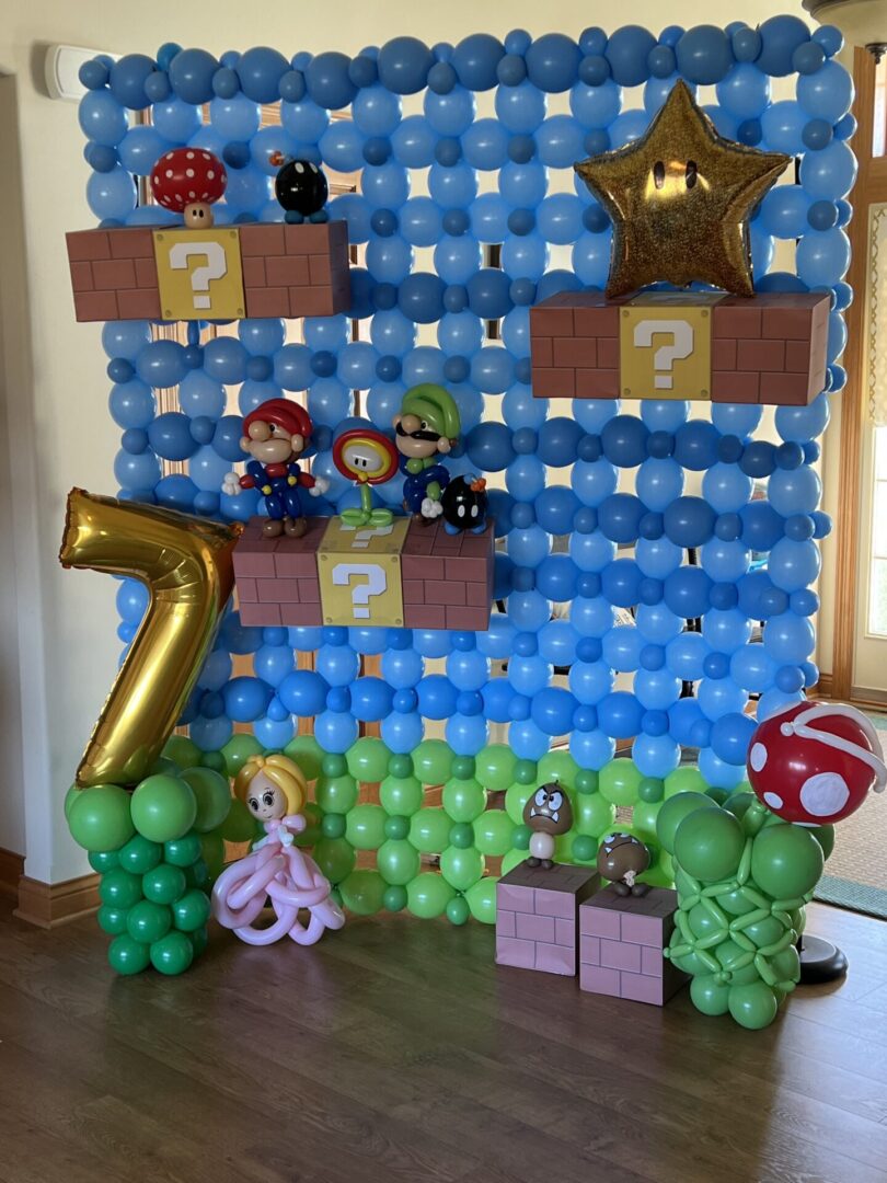 A room with balloons and decorations for mario party